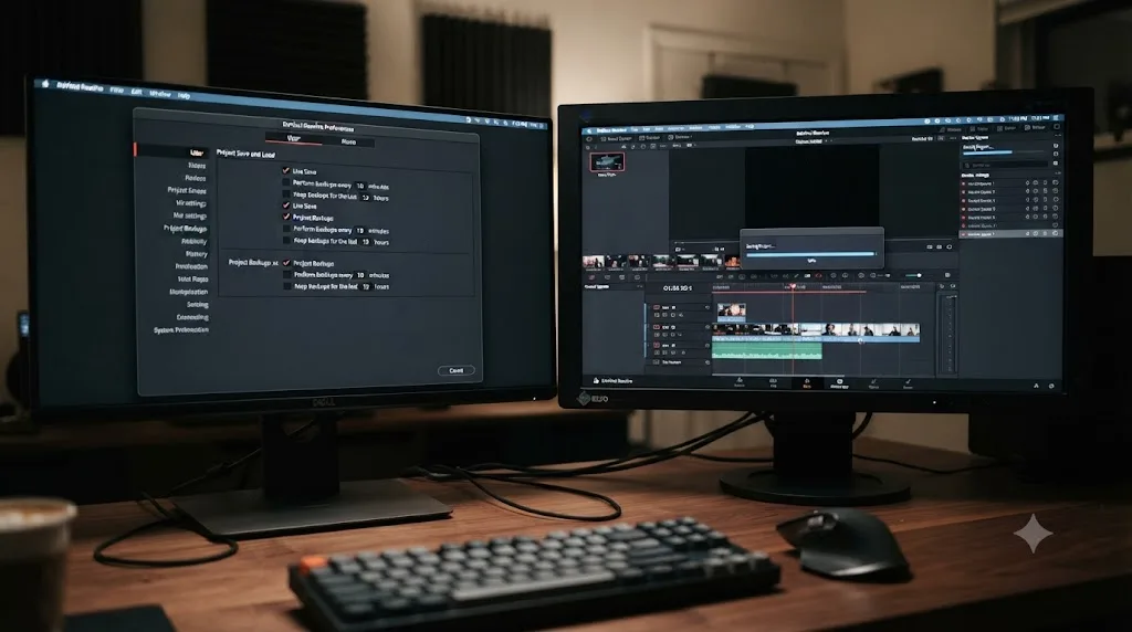 Illustration of DaVinci Resolve's Live Save and Project Backups settings beside a manual save happening before an overnight render