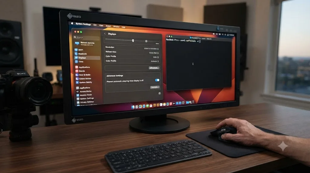 Illustration of macOS System Settings with sleep prevention toggled on beside a Terminal window running the caffeinate command