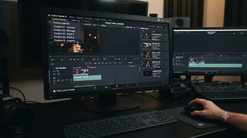 Illustration of a DaVinci Resolve Deliver page timeline dropdown adding several timelines to a growing render queue