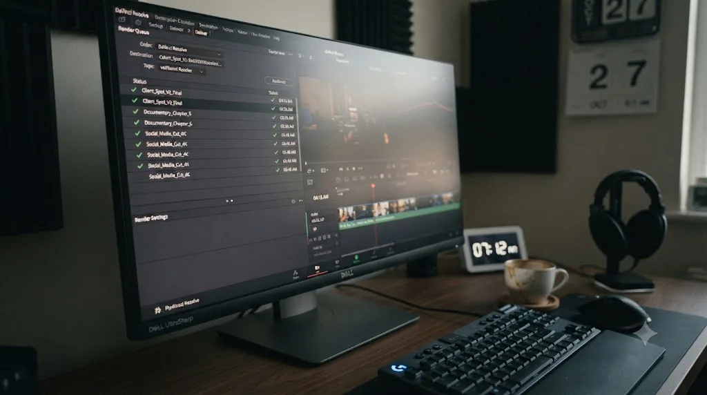 Illustration of a completed DaVinci Resolve render queue being checked the next morning with no overnight notification sent