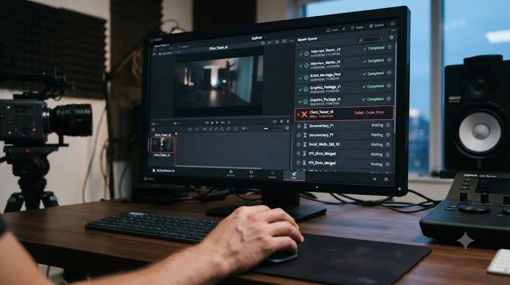 Illustration of a DaVinci Resolve render queue with completed jobs, one stopped job, and pending jobs still waiting