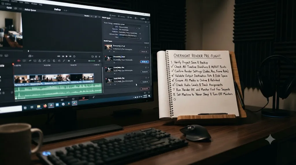 Illustration of a numbered pre-flight checklist for an overnight DaVinci Resolve render queue before clicking Render All