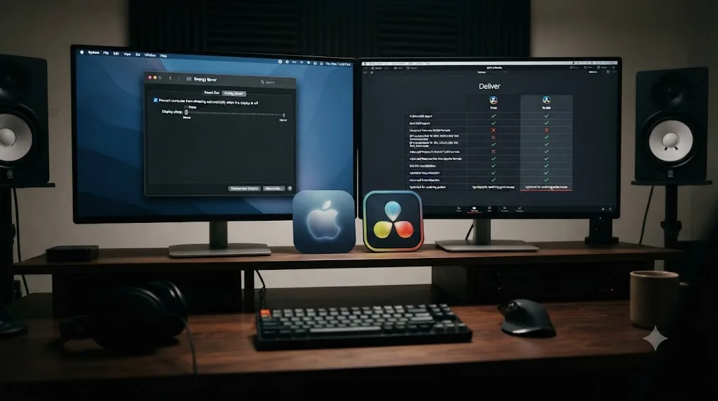 Illustration comparing macOS and Windows sleep settings alongside DaVinci Resolve free and Studio edition differences for overnight rendering