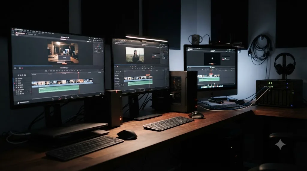 Illustration of three networked machines each rendering separate DaVinci Resolve timelines simultaneously overnight