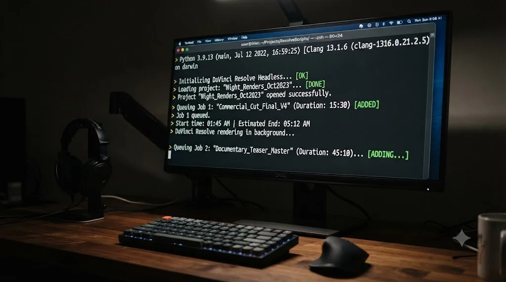 Illustration of a Terminal window running a Python script that queues DaVinci Resolve renders headless overnight