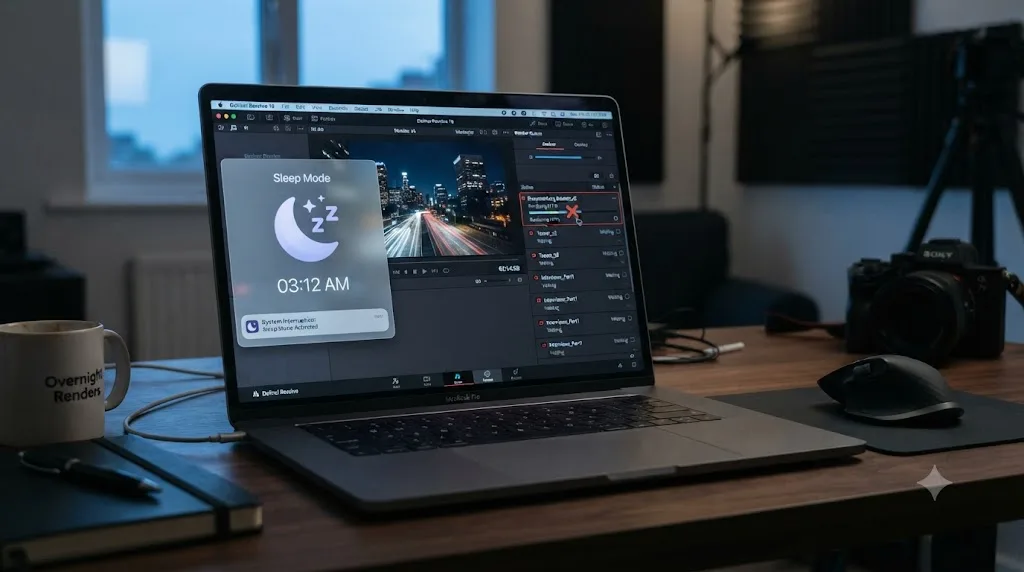 Illustration of a DaVinci Resolve render queue interrupted overnight by a laptop entering sleep mode