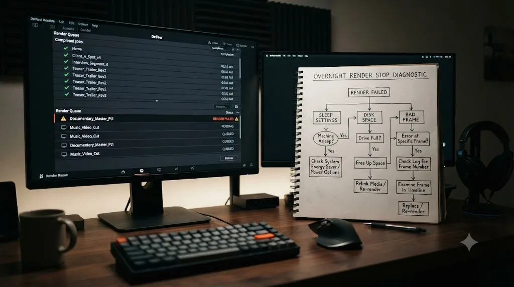 Illustration of a diagnostic flowchart for a stopped DaVinci Resolve overnight render queue covering sleep, disk space, and bad frame causes
