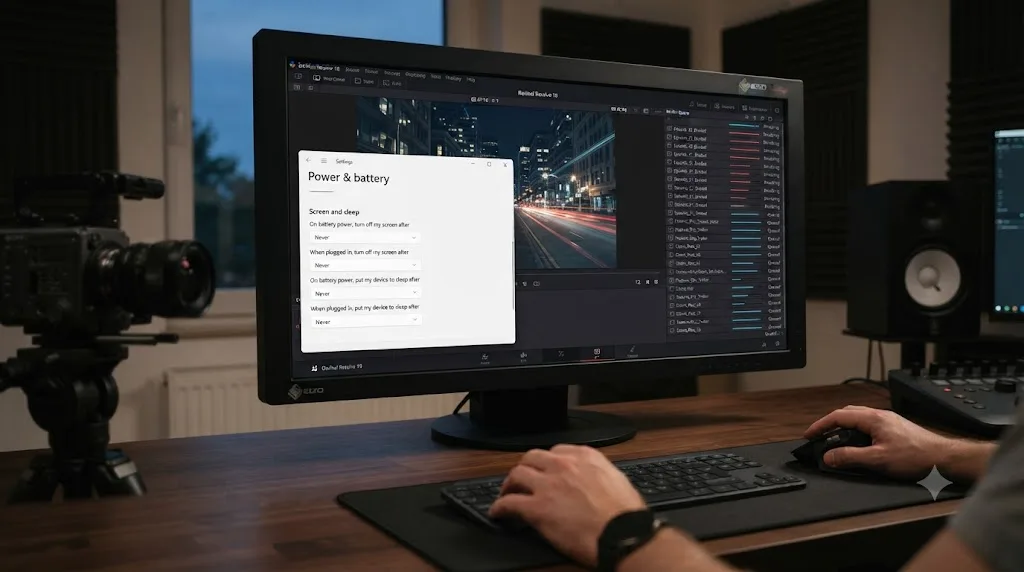 Illustration of Windows Power and Battery settings with sleep timeouts set to Never above a running DaVinci Resolve render queue