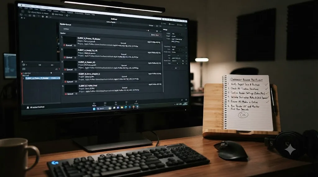 Illustration of a DaVinci Resolve overnight render queue combining five jobs from two client projects with a pre-flight checklist