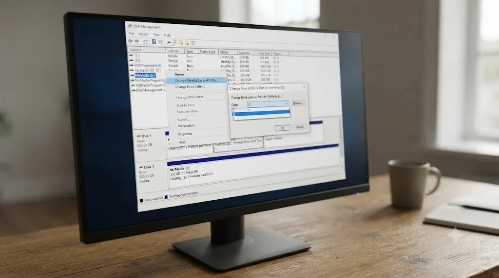 Illustration of Windows Disk Management reassigning a drive letter after DaVinci Resolve media went offline