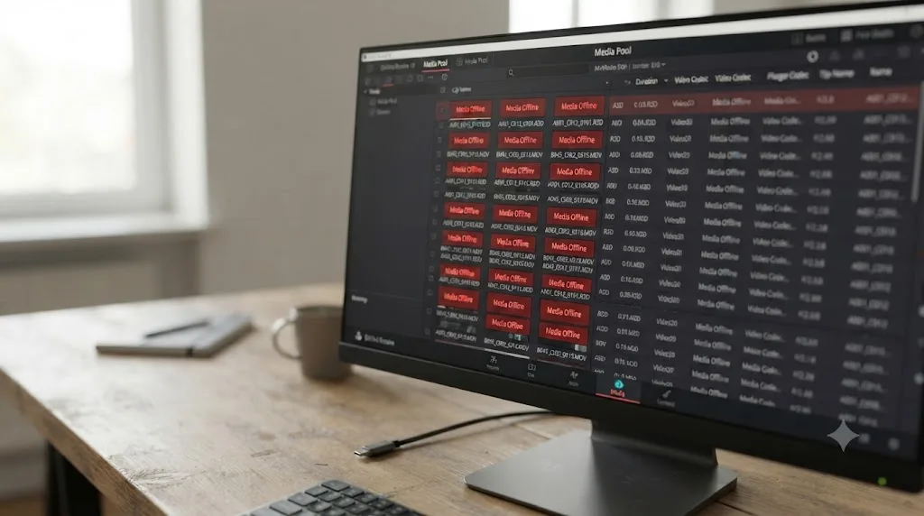 Illustration of DaVinci Resolve's media pool showing every clip offline after an external drive changed location