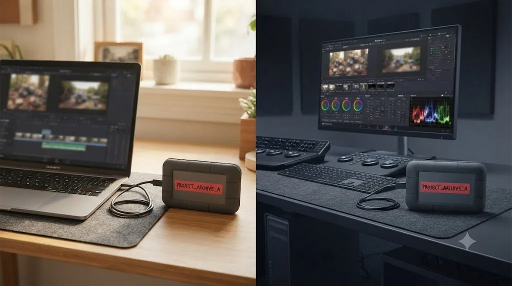 Illustration of two external drives with identical labels used for relink-free DaVinci Resolve handoffs between editors