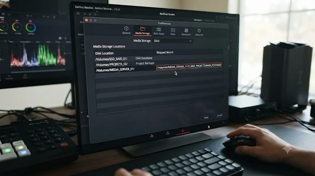 Illustration of DaVinci Resolve's Media Storage preferences panel with the Mapped Mount column open for a shared drive