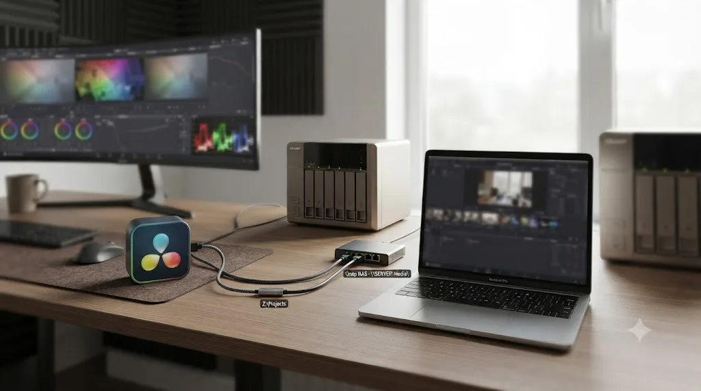 Illustration of DaVinci Resolve reaching the same NAS share through a mapped drive letter and a UNC network path