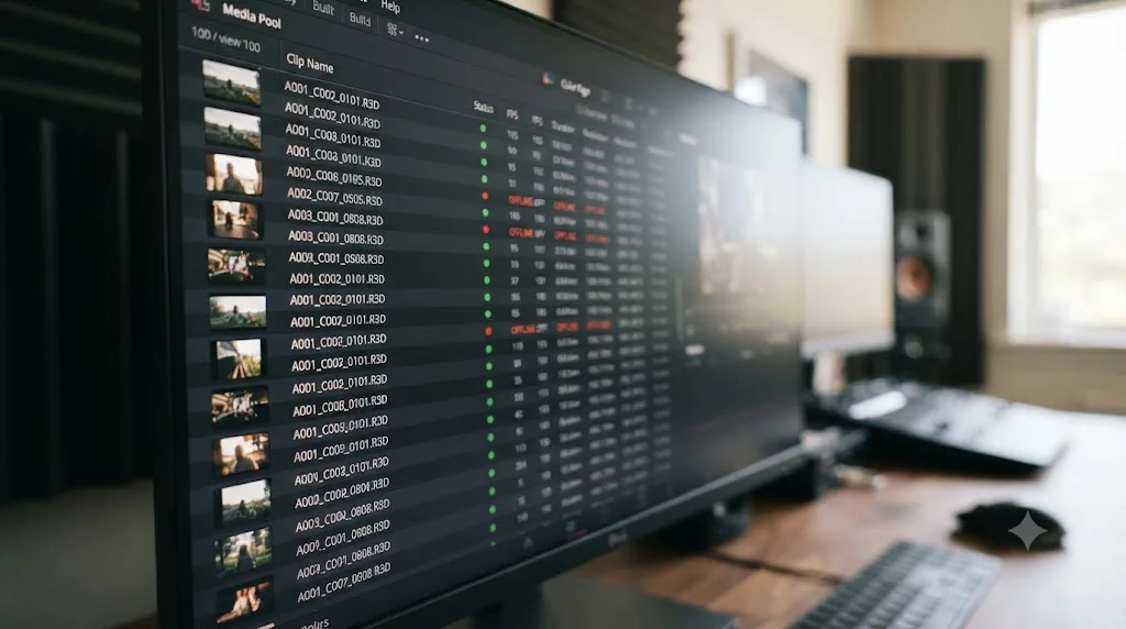 Illustration of a DaVinci Resolve media pool with most clips relinked and a few stragglers still offline
