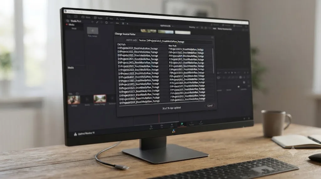 Illustration of DaVinci Resolve's Change Source Folder swapping an entire drive's path prefix in one operation