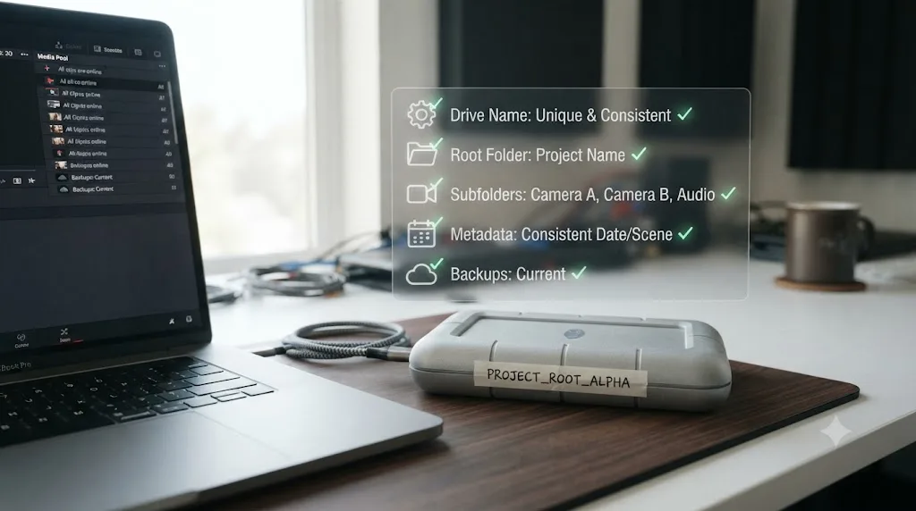 Illustration of a checklist for naming and organizing a DaVinci Resolve footage drive before it moves between machines