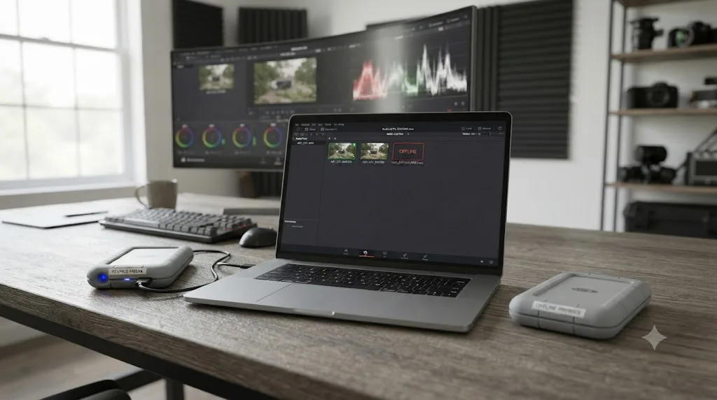 Illustration of a DaVinci Resolve source clip online while its proxy file remains offline on a separate drive