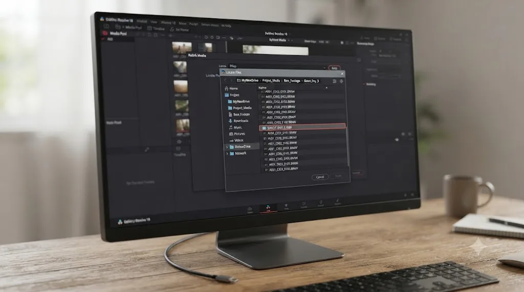 Illustration of DaVinci Resolve's relink dialog browsing to a folder on a newly connected external drive