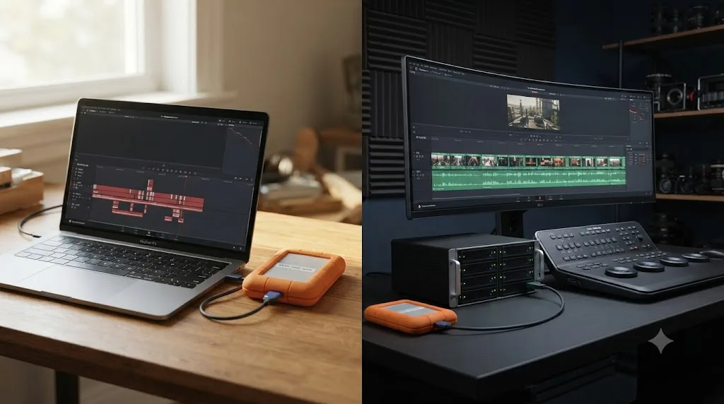 Illustration of a worked example showing a documentary project moving from a laptop drive to a studio RAID array
