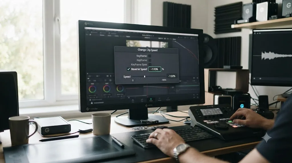 Illustration of a DaVinci Resolve Change Clip Speed dialog with the Reverse Speed checkbox ticked