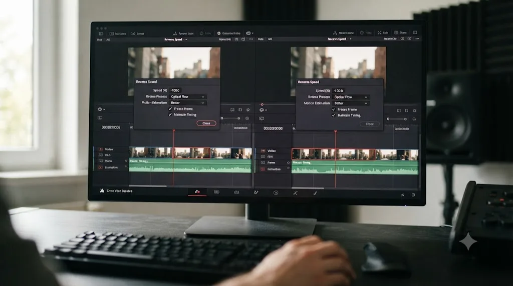 Illustration comparing identical DaVinci Resolve Reverse Speed dialogs in the free and Studio versions