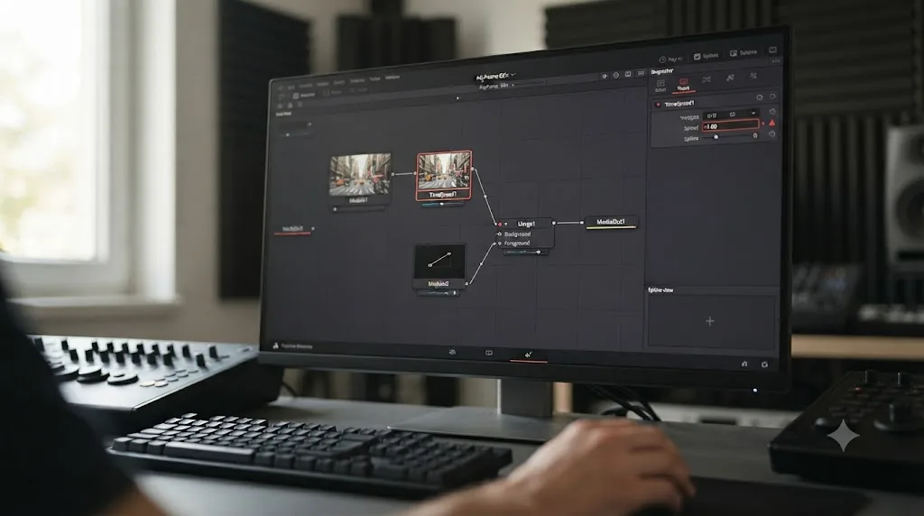 Illustration of a DaVinci Resolve Fusion node tree using a Time Speed node with a negative value to reverse footage