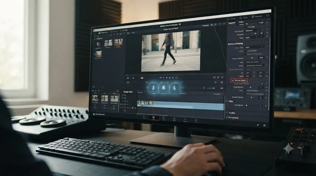 Illustration comparing DaVinci Resolve's J K L playback shuttle keys to the separate Reverse Speed setting