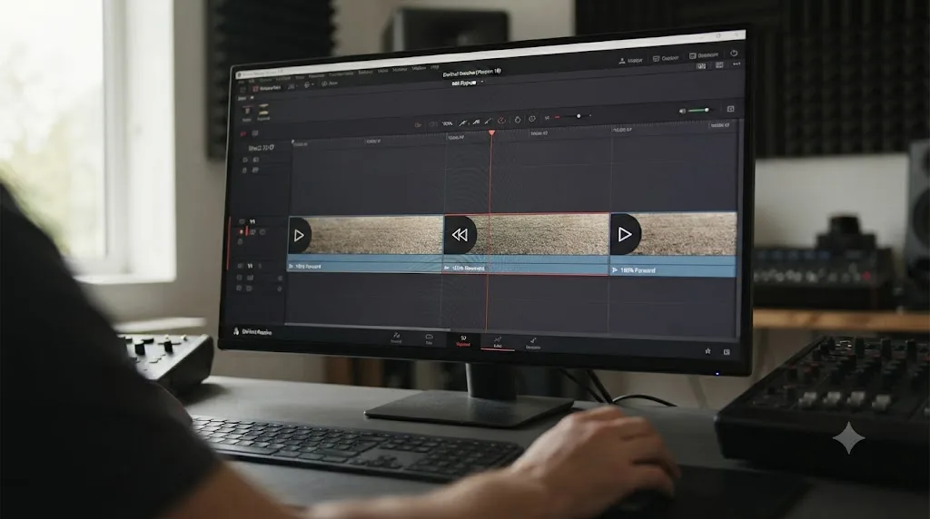 Illustration of a DaVinci Resolve clip with internal speed points creating a partial reversed section
