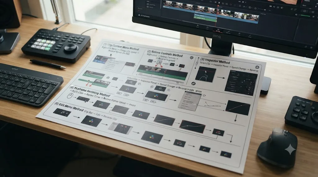 Illustration of a quick reference chart for every way to reverse a clip in DaVinci Resolve