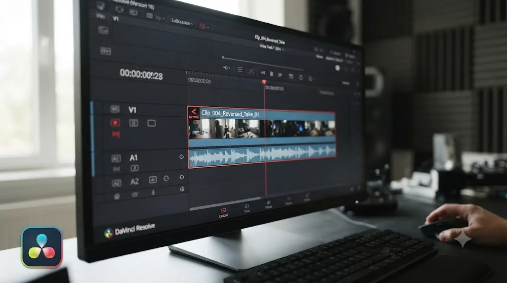 Illustration of a DaVinci Resolve timeline clip name bar showing a Retime badge indicating a reversed clip