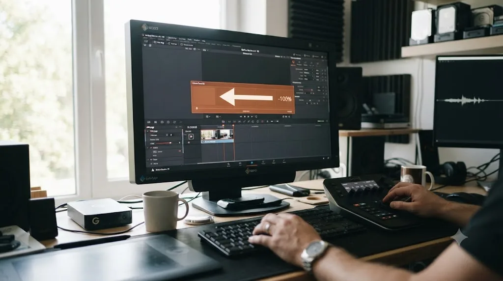 Illustration of a DaVinci Resolve clip with Retime Controls open showing a leftward reverse direction arrow