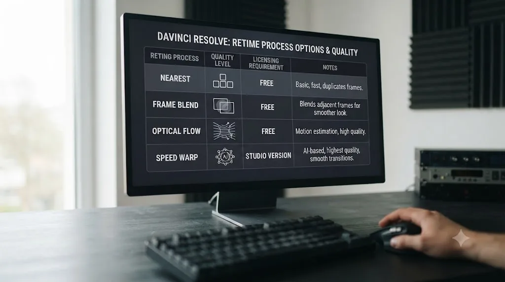 Illustration of a decision table comparing DaVinci Resolve Retime Process options for a reversed clip
