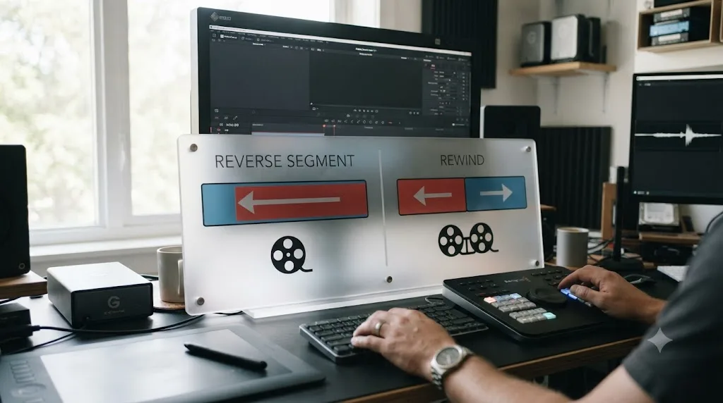 Illustration comparing DaVinci Resolve's Reverse Segment and Rewind retime options side by side