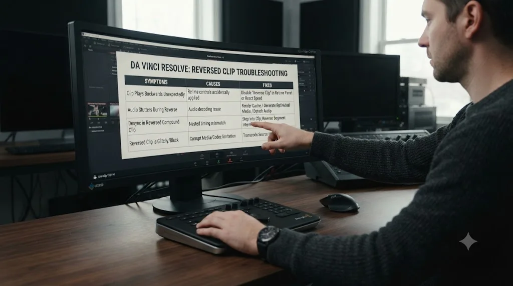 Illustration of a troubleshooting table matching DaVinci Resolve reversed clip symptoms to their fixes