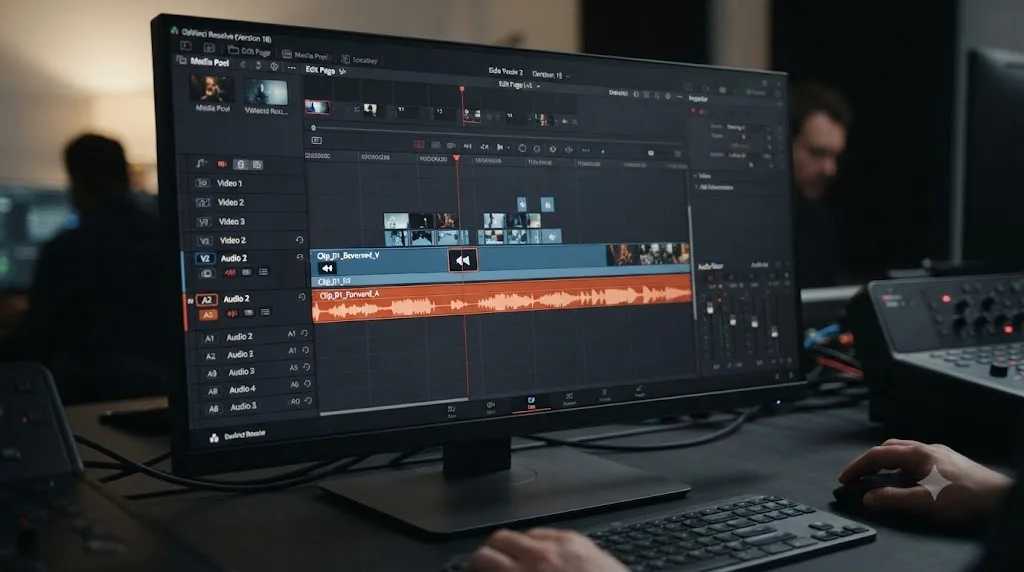 Illustration of a DaVinci Resolve timeline with reversed video and unlinked audio still playing forward