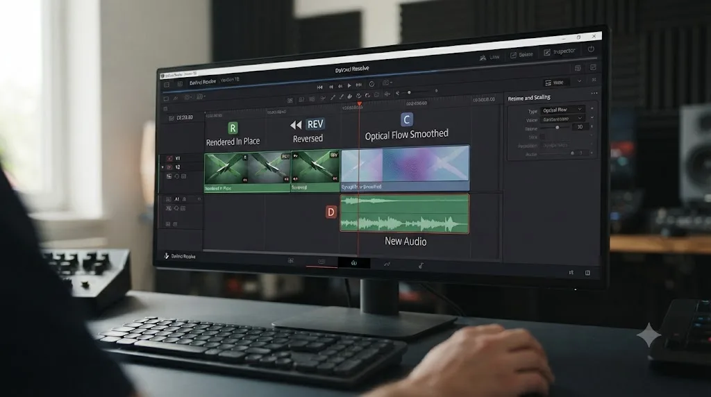 Illustration of a worked example building a smooth reversed rewind transition in DaVinci Resolve