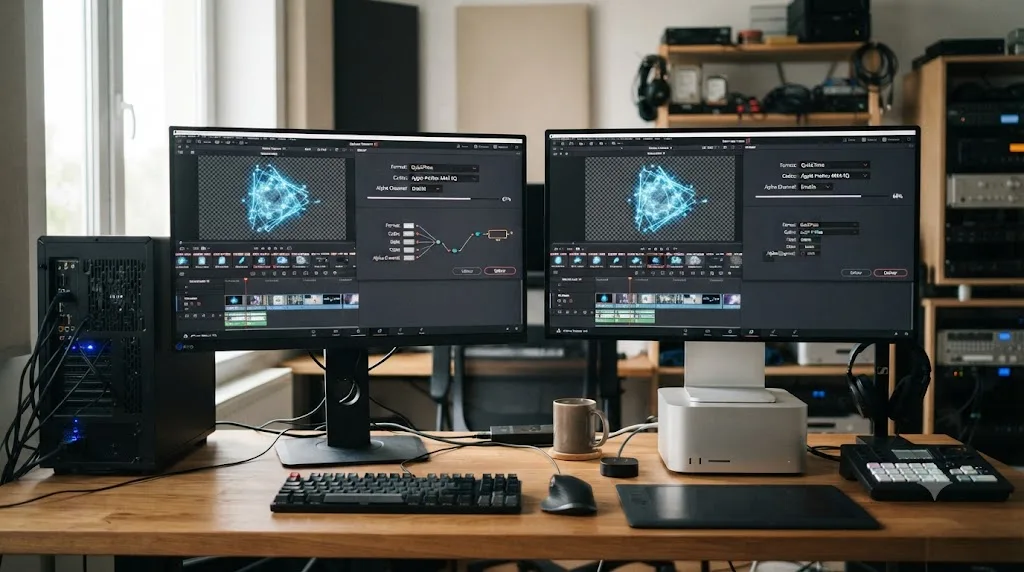 Illustration of a Windows computer and a Mac computer both exporting the same ProRes 4444 file with an alpha channel