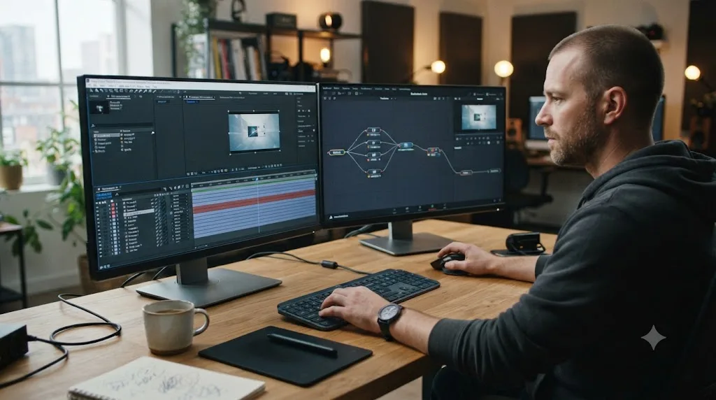 Illustration of a motion designer working between an After Effects layer stack and a DaVinci Resolve Fusion node graph