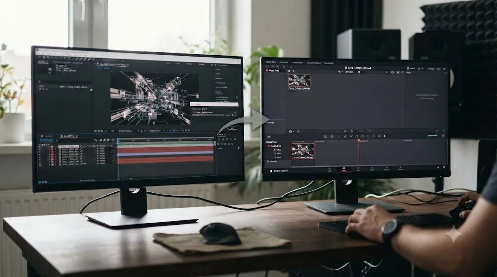 Illustration of a two step workflow rendering from After Effects into a file, then importing that file into DaVinci Resolve
