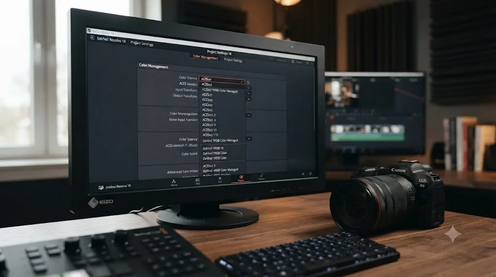 Illustration of a DaVinci Resolve Color Science panel set to ACES, next to a Canon EOS R5 camera icon