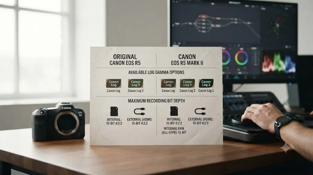 Illustration comparing Canon EOS R5 and EOS R5 Mark II Log gamma options and recording bit depths