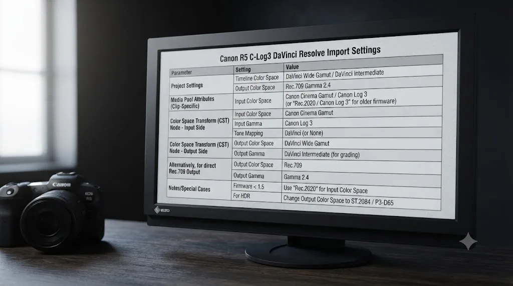 Illustration of a settings cheat sheet table for Canon R5 C-Log3 import and Color Space Transform values in DaVinci Resolve