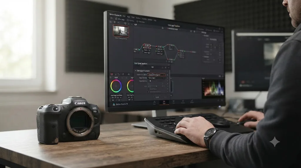 Illustration of a Canon EOS R5 camera next to a DaVinci Resolve Color Space Transform panel set to Canon Cinema Gamut and Canon Log 3