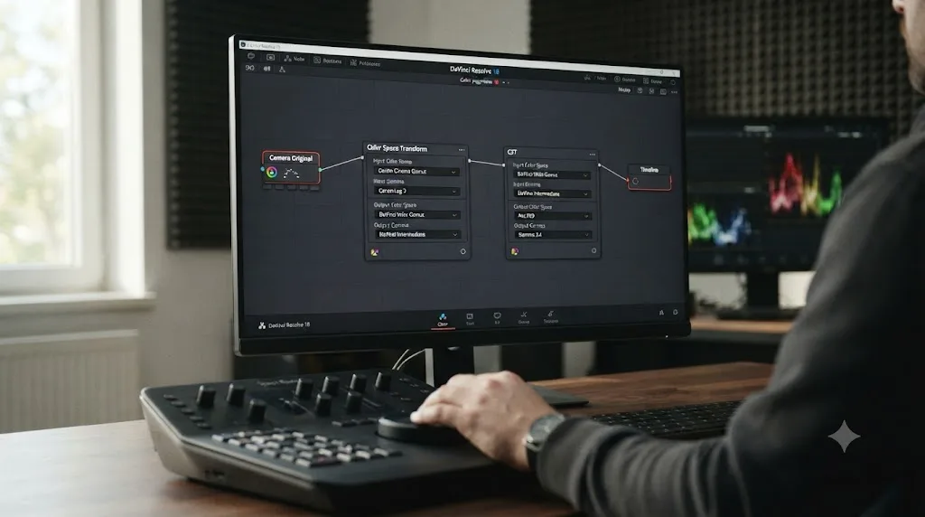 Illustration of a DaVinci Resolve node graph with two Color Space Transform nodes converting Canon R5 C-Log3 footage to Rec.709 output