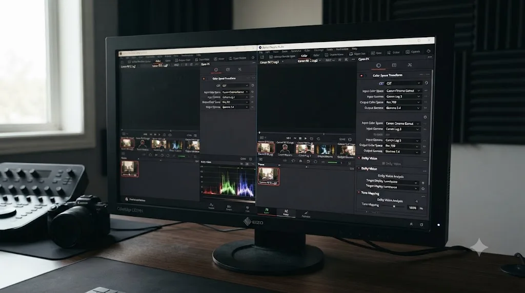 Illustration comparing DaVinci Resolve free and Studio editions, showing identical Color Space Transform tools and Studio-only Dolby Vision options