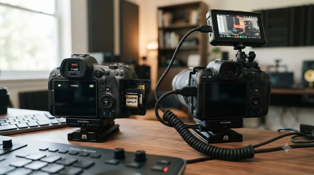 Illustration comparing Canon R5 internal recording tagged Cinema Gamut against HDMI external recording tagged Rec.2020