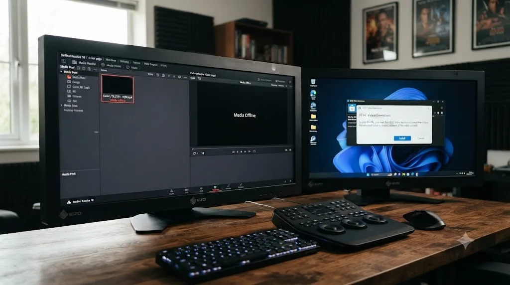 Illustration of a DaVinci Resolve Media Pool clip labeled Media Offline next to a Windows HEVC codec installation prompt