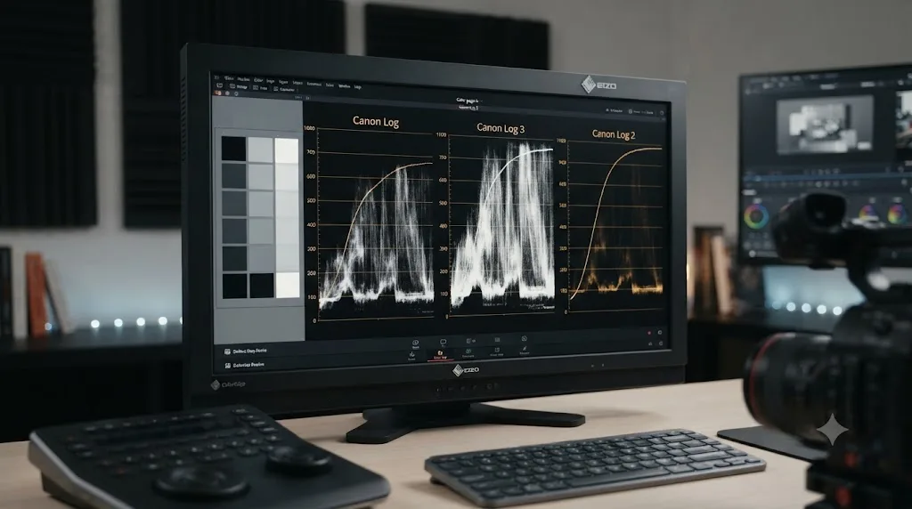 Illustration comparing Canon Log, Canon Log 3, and Canon Log 2 dynamic range curves on waveform displays