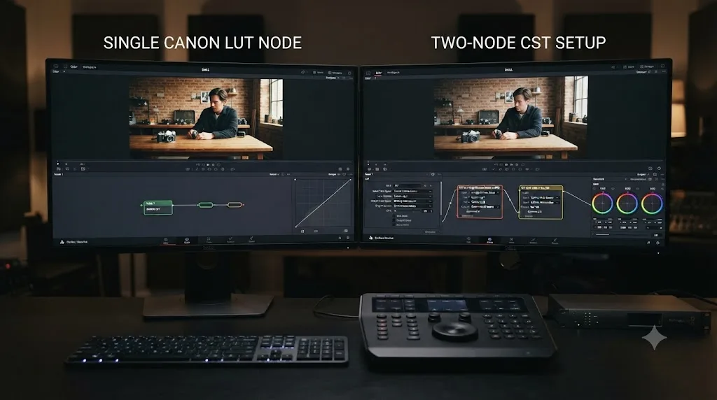 Illustration comparing a single Canon LUT node against a two-node Color Space Transform setup for Canon R5 C-Log3 footage in DaVinci Resolve